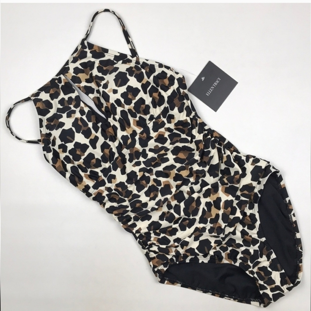 Ellen Tracy Women High Neck Over the Shoulder One Piece animal print swimsuit 6